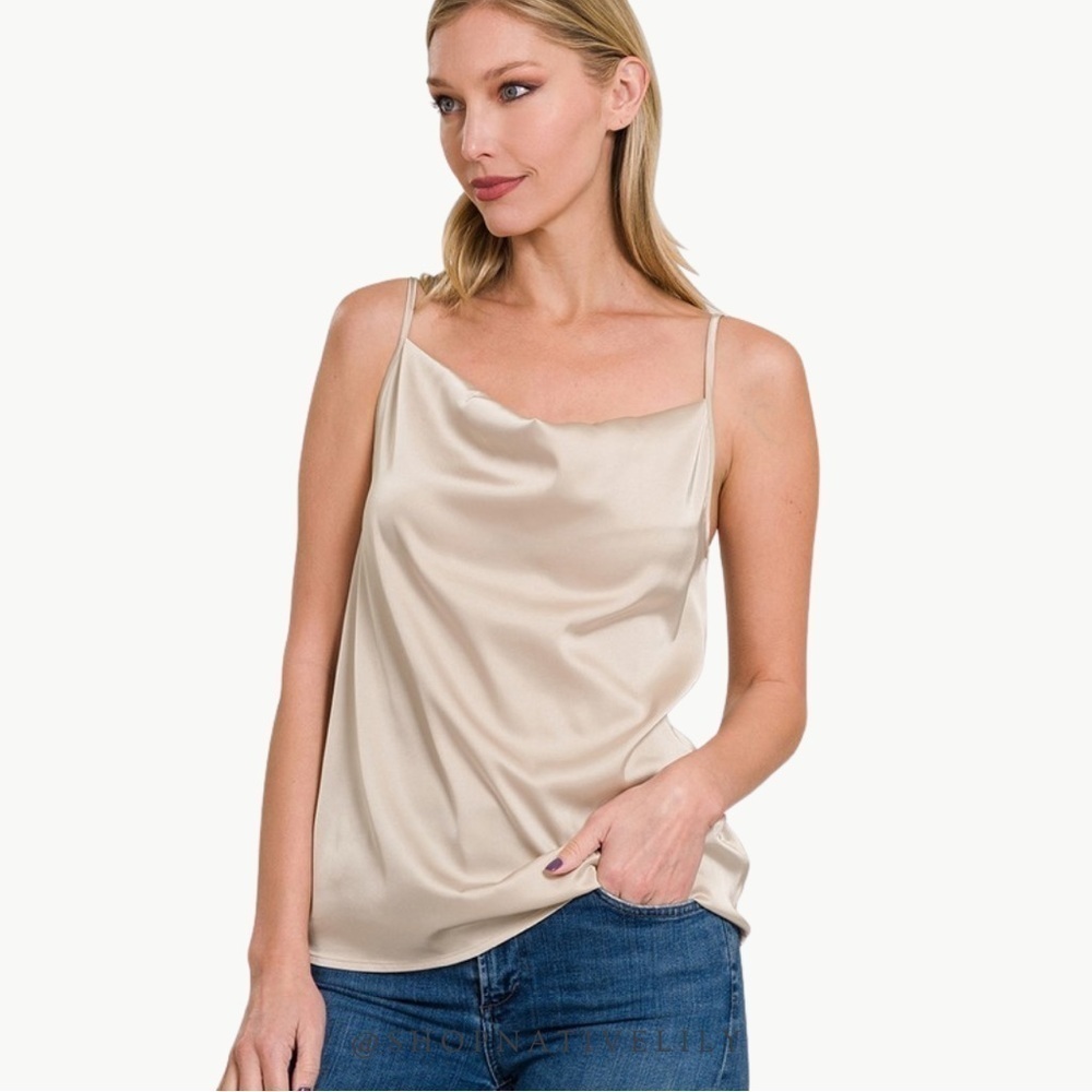 Zenana Satin Cowl Neck Cami Tank Size Medium Sand Beige Charmeuse NWT